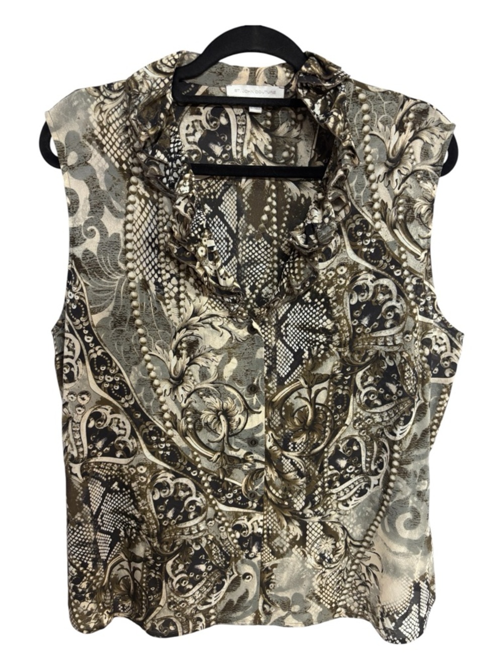 NWOT St John Couture Ruffle Print Blouse in Black/Gray/Olive Sz 16 runs small